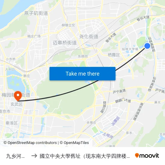 九乡河大桥 to 國立中央大學舊址（现东南大学四牌楼校区） map