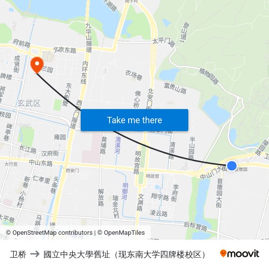 卫桥 to 國立中央大學舊址（现东南大学四牌楼校区） map