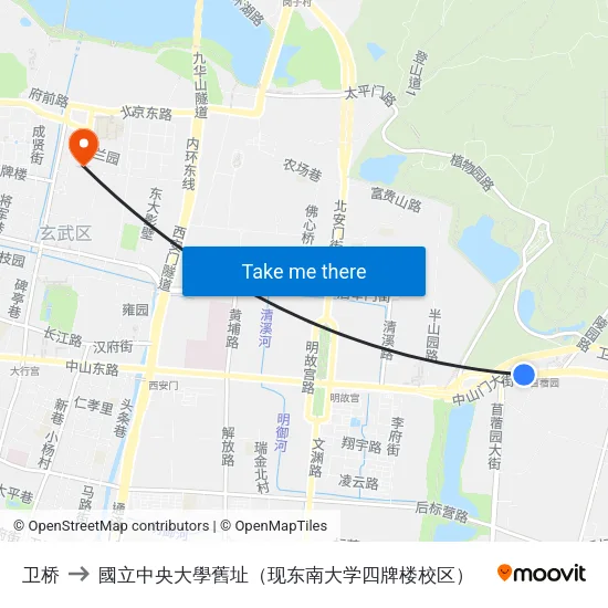 卫桥 to 國立中央大學舊址（现东南大学四牌楼校区） map