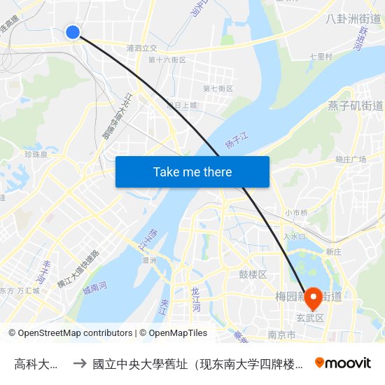 高科大桥北 to 國立中央大學舊址（现东南大学四牌楼校区） map