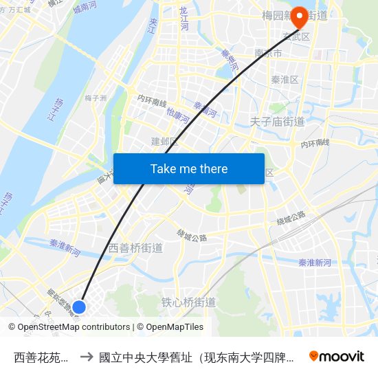 西善花苑小学 to 國立中央大學舊址（现东南大学四牌楼校区） map