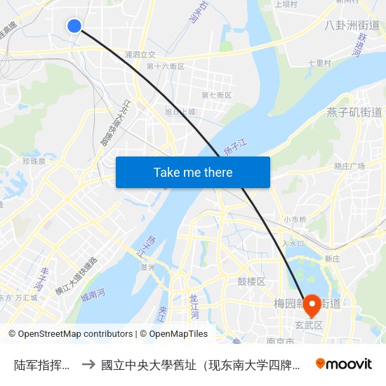 陆军指挥学院 to 國立中央大學舊址（现东南大学四牌楼校区） map