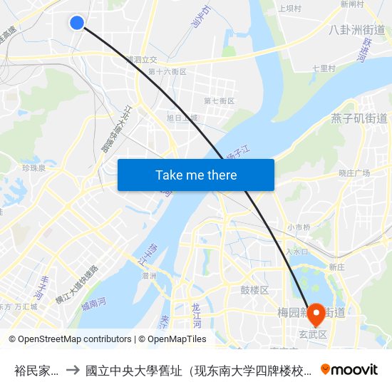 裕民家园 to 國立中央大學舊址（现东南大学四牌楼校区） map