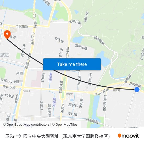 卫岗 to 國立中央大學舊址（现东南大学四牌楼校区） map