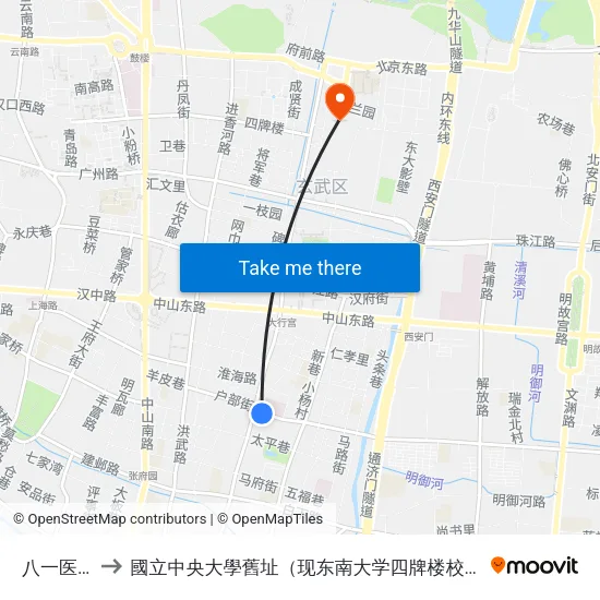 八一医院 to 國立中央大學舊址（现东南大学四牌楼校区） map