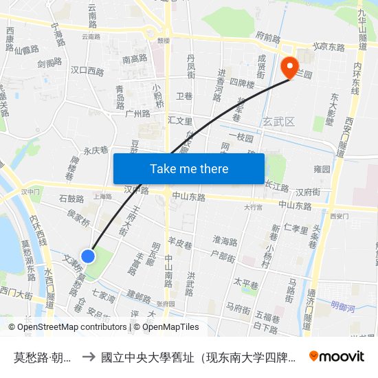 莫愁路·朝天宫 to 國立中央大學舊址（现东南大学四牌楼校区） map