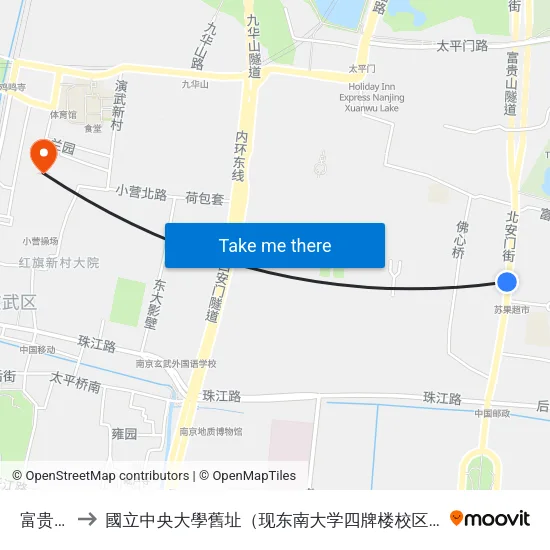 富贵山 to 國立中央大學舊址（现东南大学四牌楼校区） map