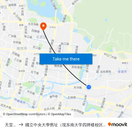 天堂村 to 國立中央大學舊址（现东南大学四牌楼校区） map