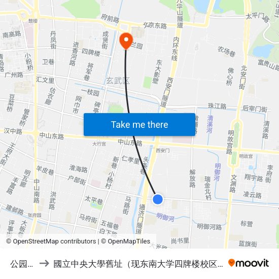公园路 to 國立中央大學舊址（现东南大学四牌楼校区） map