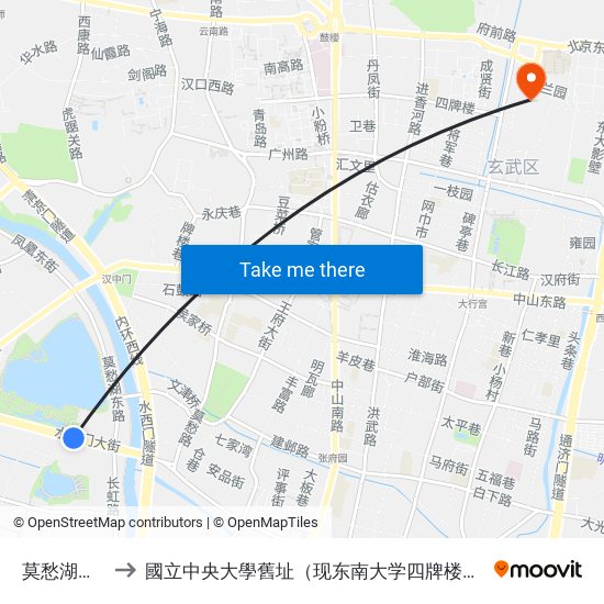 莫愁湖公园 to 國立中央大學舊址（现东南大学四牌楼校区） map
