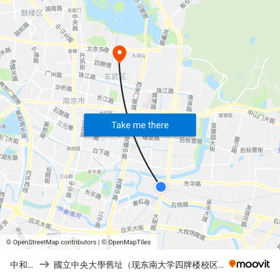 中和桥 to 國立中央大學舊址（现东南大学四牌楼校区） map