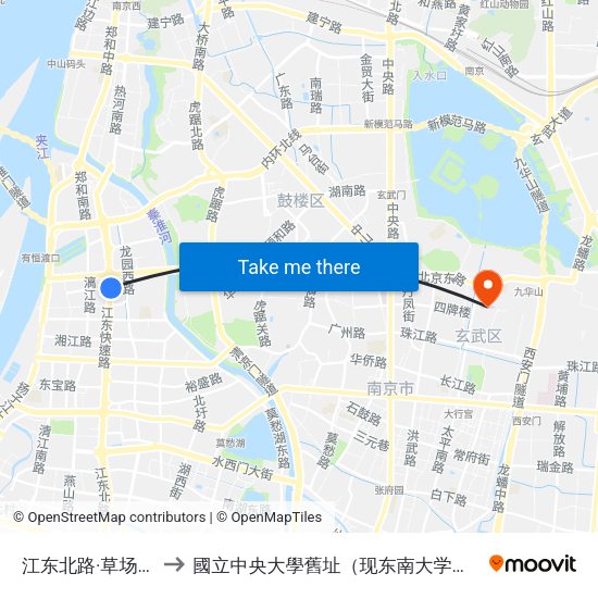 江东北路·草场门大街 to 國立中央大學舊址（现东南大学四牌楼校区） map