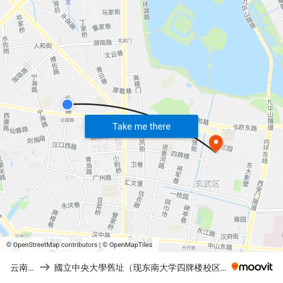 云南路 to 國立中央大學舊址（现东南大学四牌楼校区） map