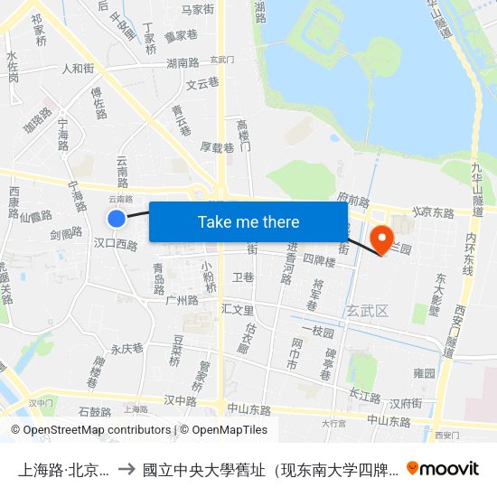 上海路·北京西路 to 國立中央大學舊址（现东南大学四牌楼校区） map