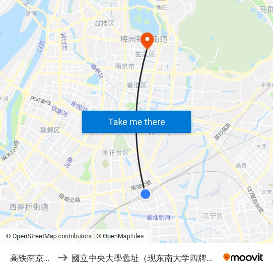 高铁南京南站 to 國立中央大學舊址（现东南大学四牌楼校区） map