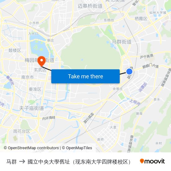 马群 to 國立中央大學舊址（现东南大学四牌楼校区） map