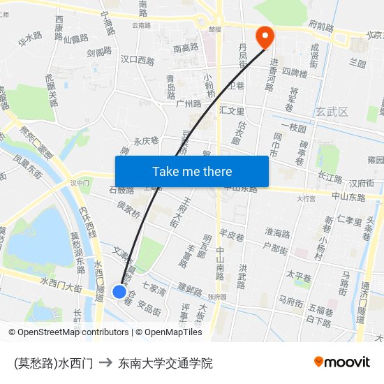 (莫愁路)水西门 to 东南大学交通学院 map