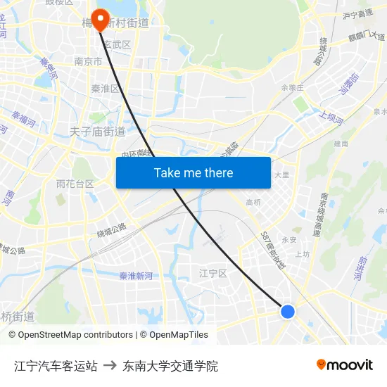 江宁汽车客运站 to 东南大学交通学院 map