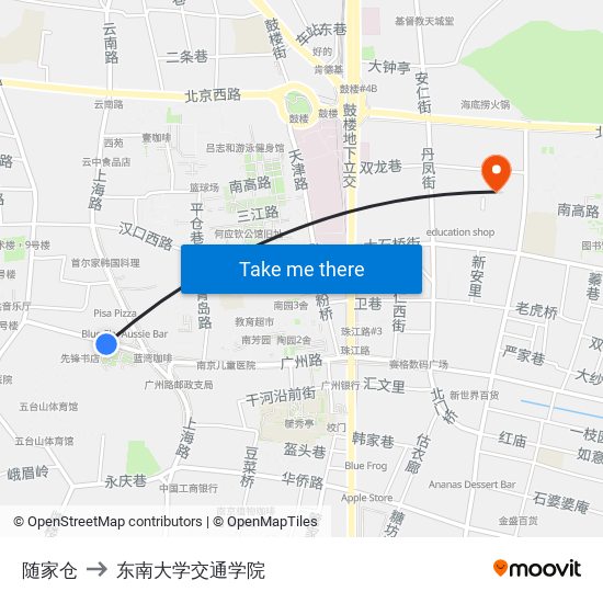 随家仓 to 东南大学交通学院 map