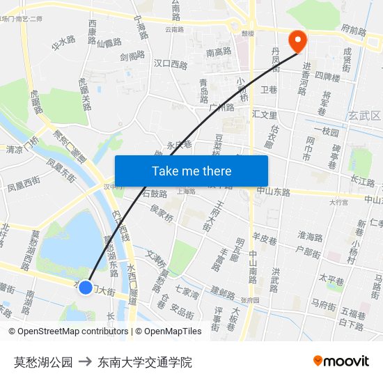 莫愁湖公园 to 东南大学交通学院 map