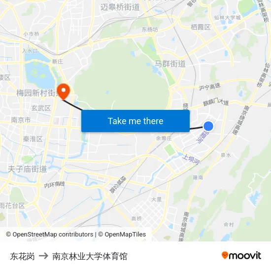 东花岗 to 南京林业大学体育馆 map