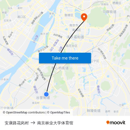 安康路花岗村 to 南京林业大学体育馆 map