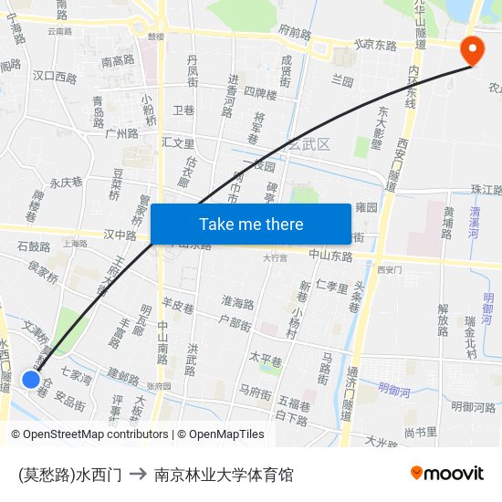 (莫愁路)水西门 to 南京林业大学体育馆 map