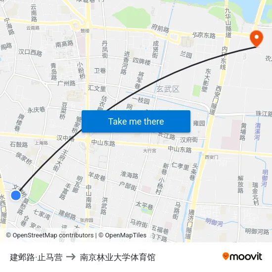 建邺路·止马营 to 南京林业大学体育馆 map