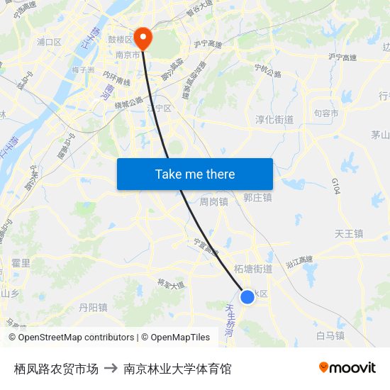 栖凤路农贸市场 to 南京林业大学体育馆 map