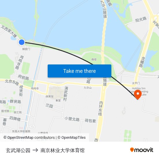 玄武湖公园 to 南京林业大学体育馆 map