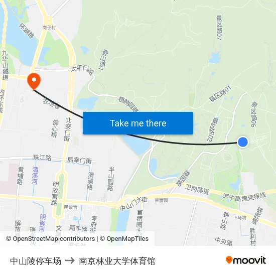 中山陵停车场 to 南京林业大学体育馆 map