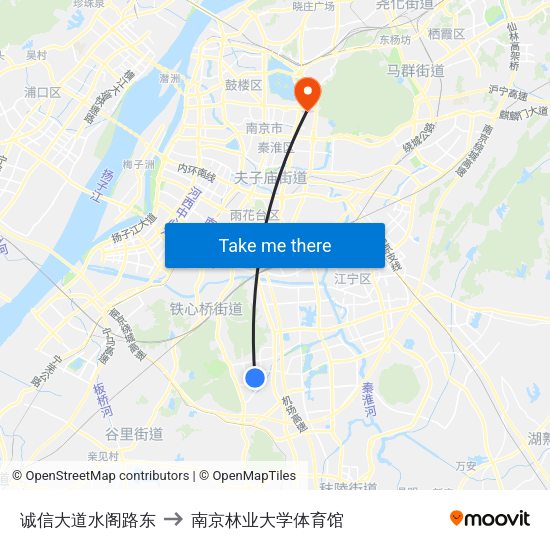 诚信大道水阁路东 to 南京林业大学体育馆 map