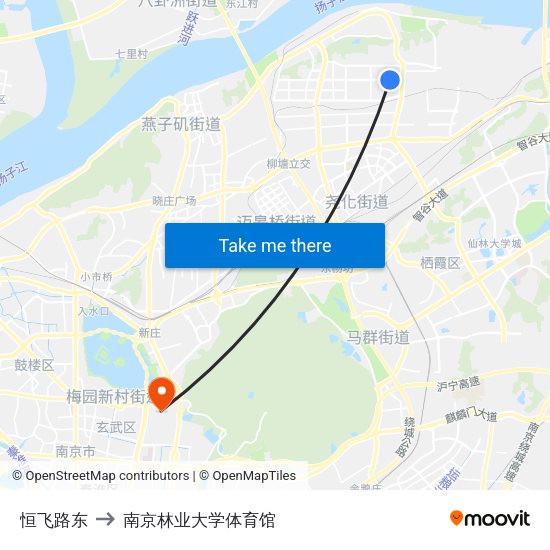 恒飞路东 to 南京林业大学体育馆 map