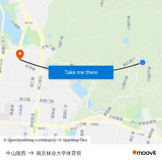 中山陵西 to 南京林业大学体育馆 map