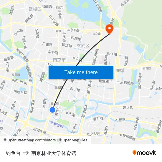 钓鱼台 to 南京林业大学体育馆 map