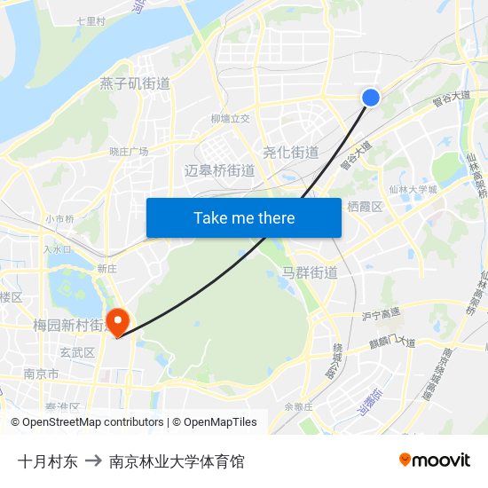 十月村东 to 南京林业大学体育馆 map