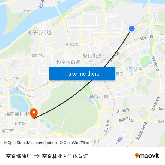 南京炼油厂 to 南京林业大学体育馆 map