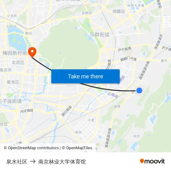 泉水社区 to 南京林业大学体育馆 map