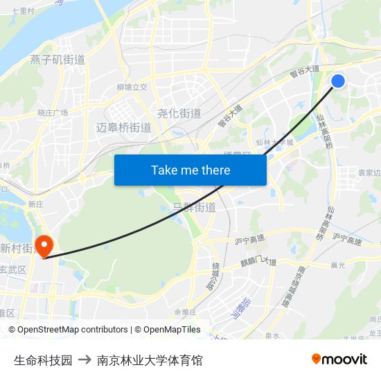 生命科技园 to 南京林业大学体育馆 map