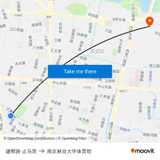 建邺路·止马营 to 南京林业大学体育馆 map