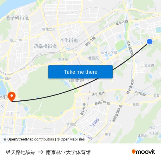 经天路地铁站 to 南京林业大学体育馆 map