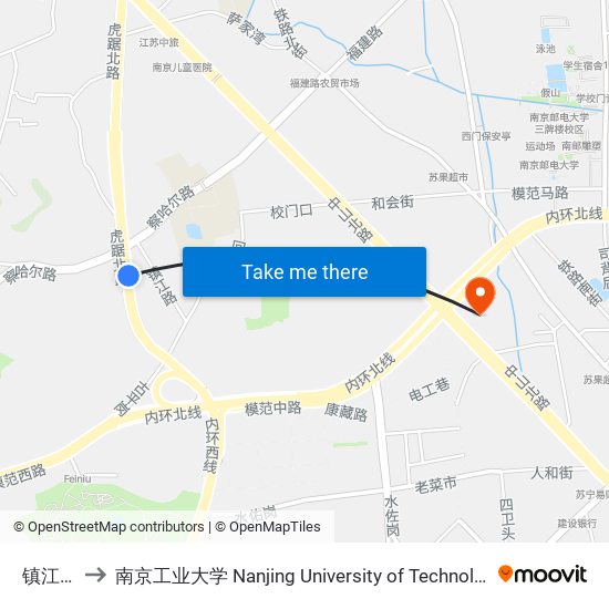 镇江路 to 南京工业大学 Nanjing University of Technology map