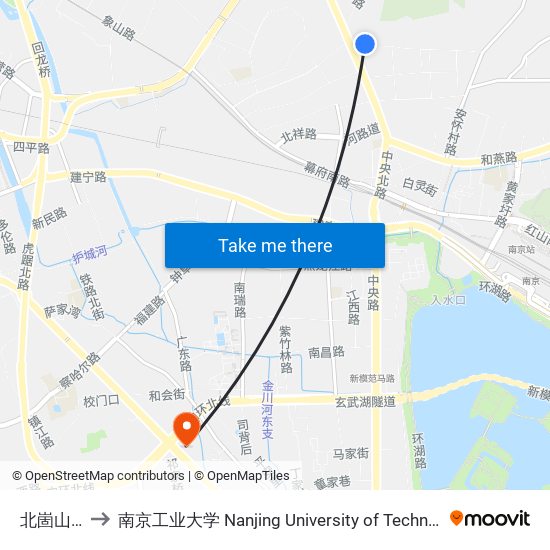 北崮山西 to 南京工业大学 Nanjing University of Technology map