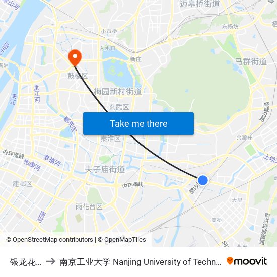 银龙花园 to 南京工业大学 Nanjing University of Technology map