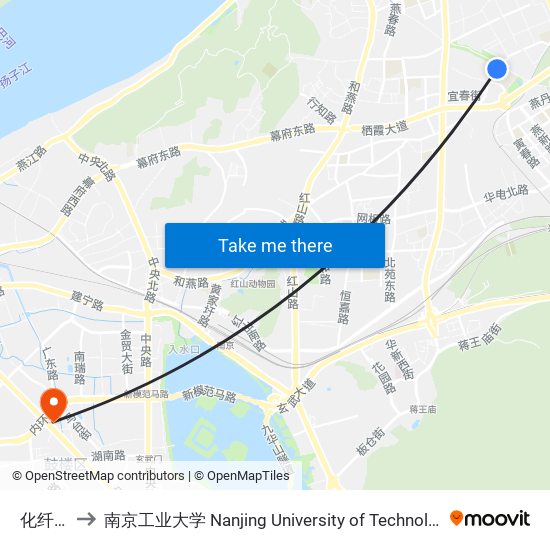 化纤厂 to 南京工业大学 Nanjing University of Technology map