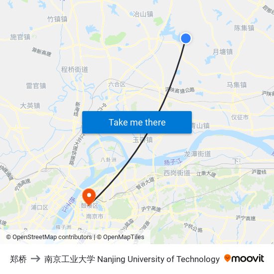 郑桥 to 南京工业大学 Nanjing University of Technology map