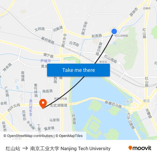 红山站 to 南京工业大学 Nanjing Tech University map