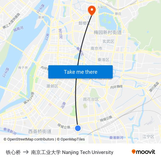 铁心桥 to 南京工业大学 Nanjing Tech University map