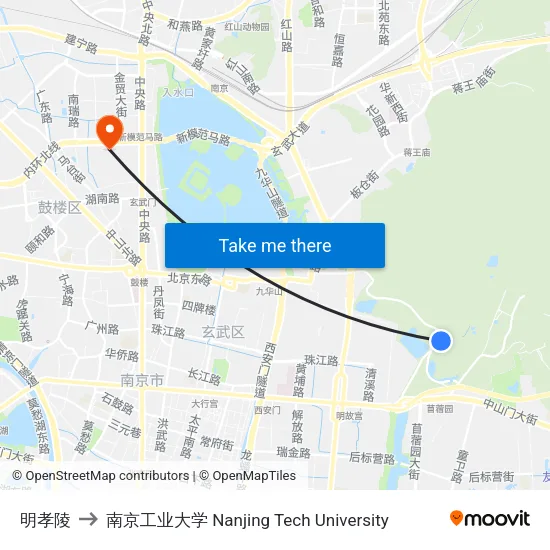 明孝陵 to 南京工业大学 Nanjing Tech University map