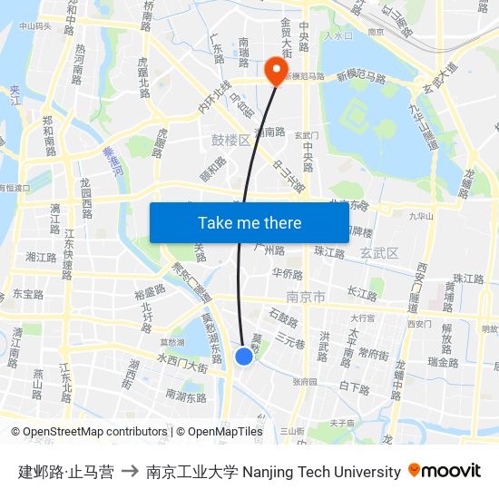 建邺路·止马营 to 南京工业大学 Nanjing Tech University map